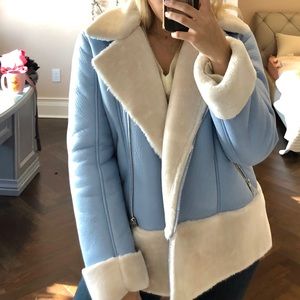 Blue and white faux-fur coat